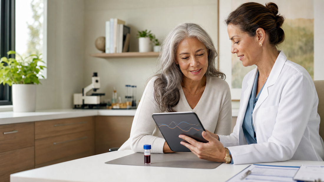 A mature woman and clinician review health research data together in a warm clinical setting