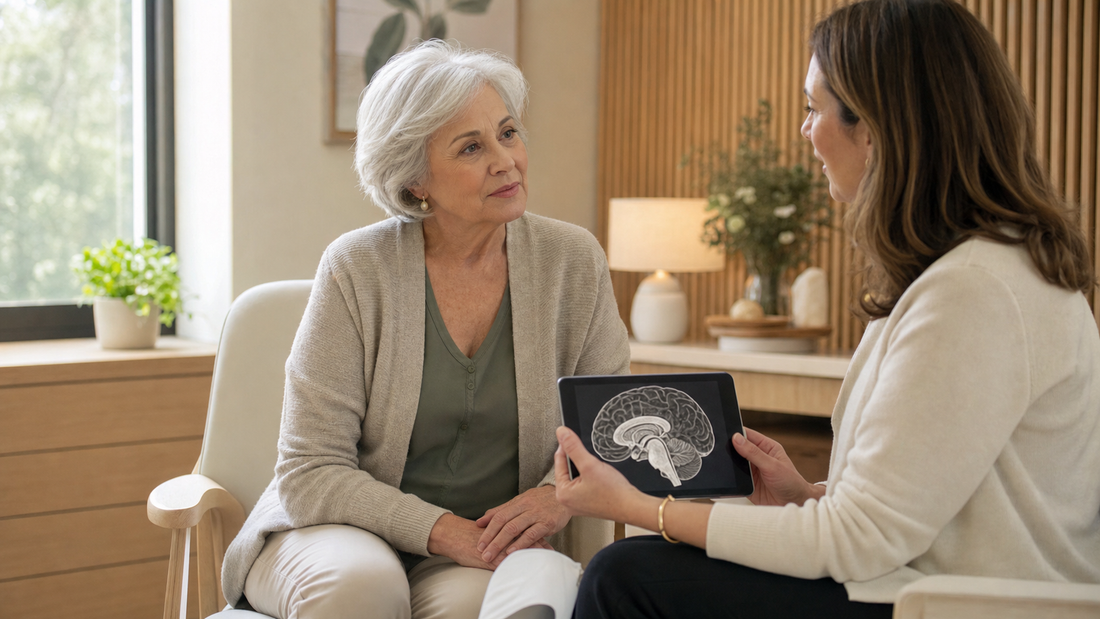 Older woman discussing cognitive health with a clinician in a warm consultation room