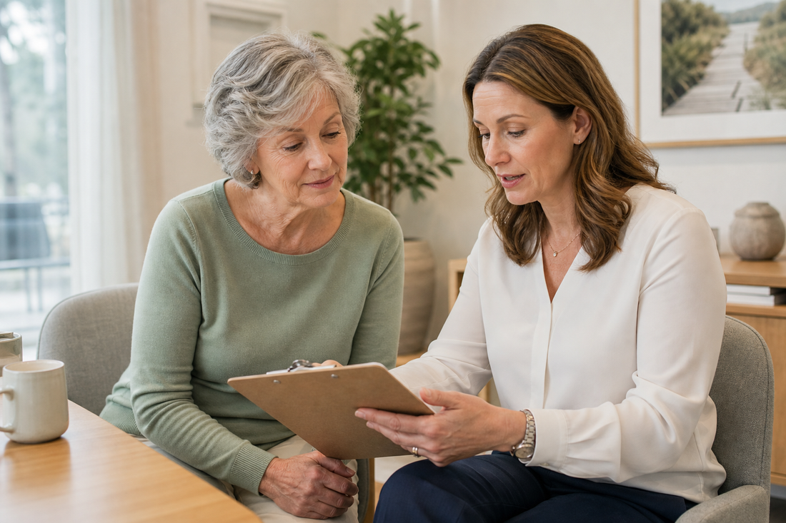 An older woman and clinician reviewing a daily-function worksheet in a bright consultation room