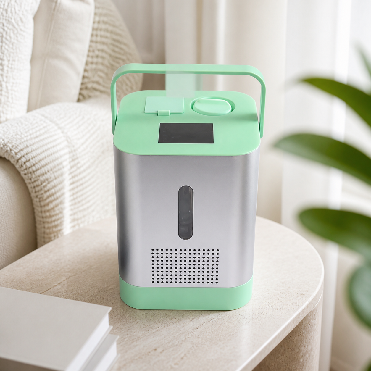 Green and silver portable hydrogen inhaler on a light stone table