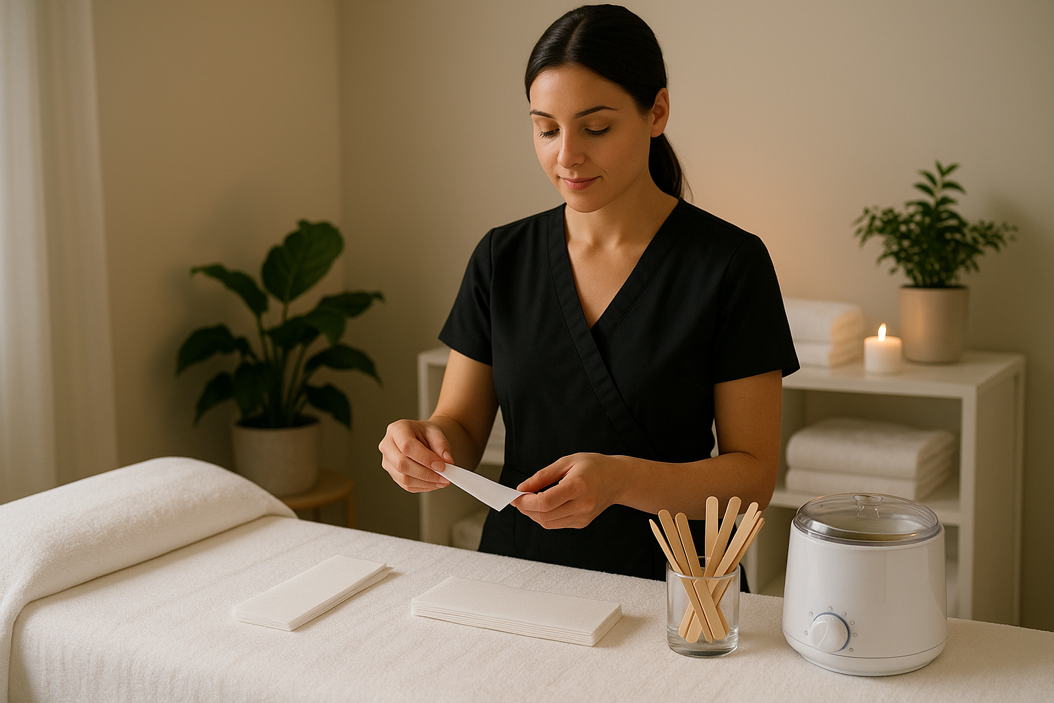 A professional spa setting with an esthetician preparing wax strips, a close-up of waxing tools, or a model’s smooth upper back/arms post-treatment. Create a realistic image that conveys Upper Body Waxing.
Use Shopify Guidelines.