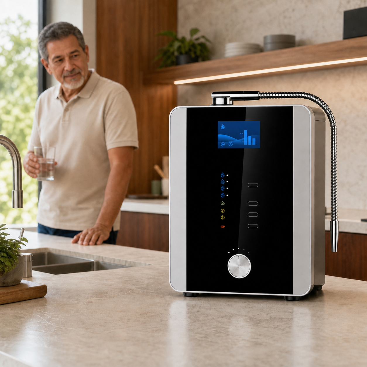 Cawolo AL-808D alkaline water ionizer in a refined residential kitchen — Allura image 2026-08-01
