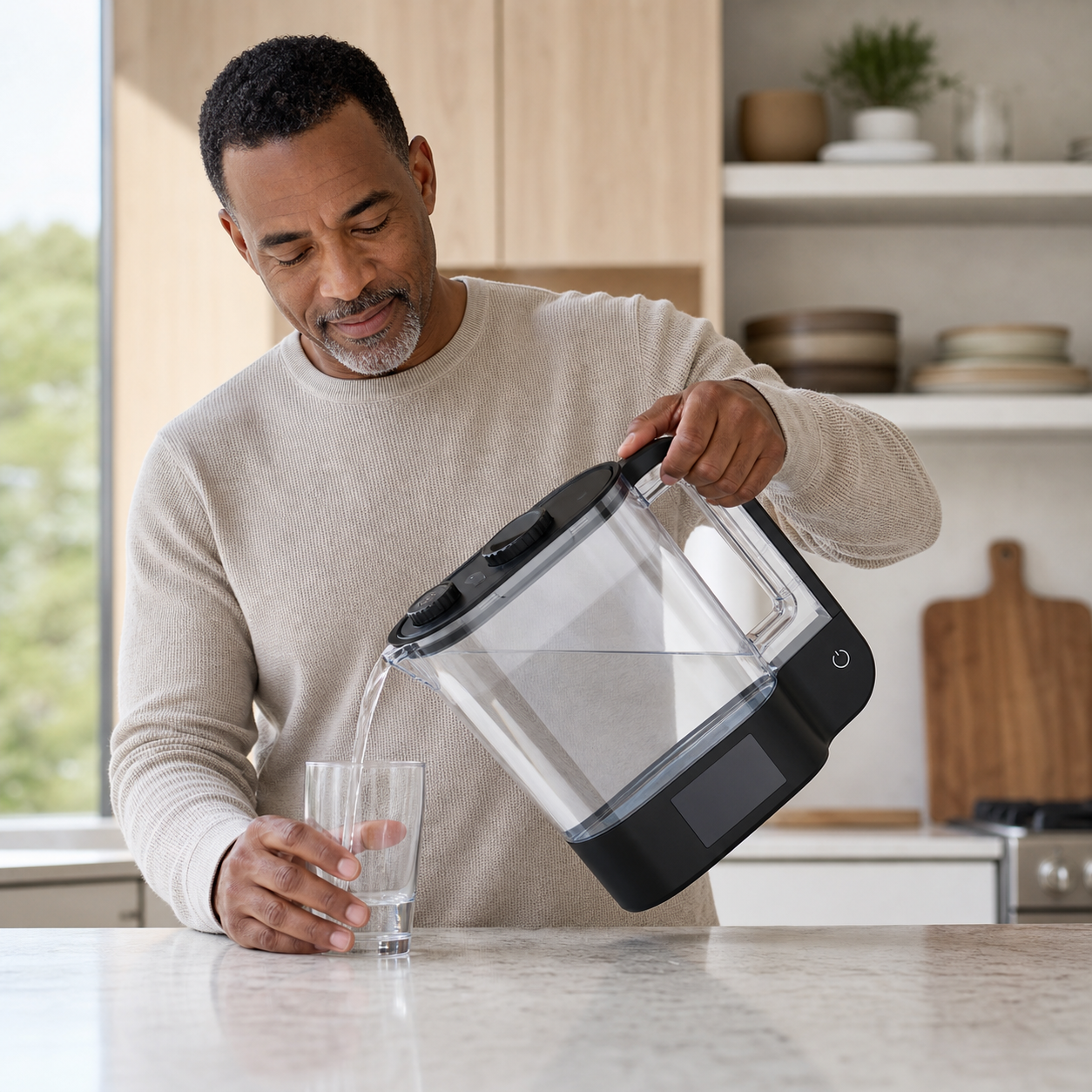 PHYFLOW two-liter hydrogen water pitcher being poured in a bright modern kitchen — Allura image 2026-08-01