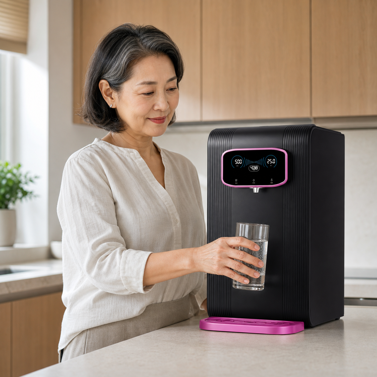 PureFlow four-liter hot and cold hydrogen water dispenser in a bright modern kitchen — Allura image 2026-08-01